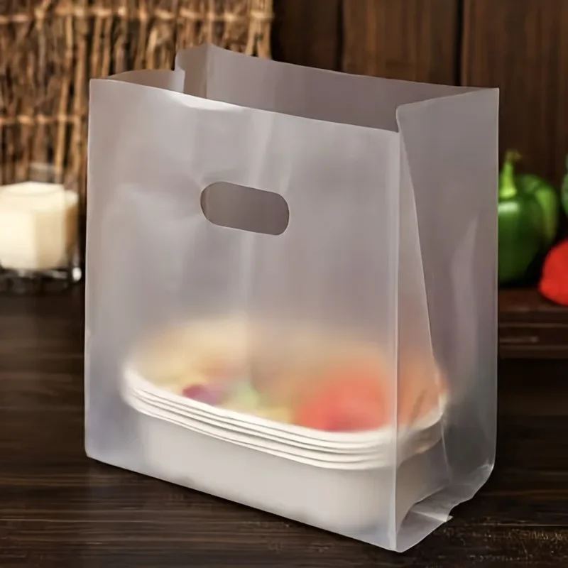 50 Stück transparente Geschenktüten aus Kunststoff mit Griffen – ideal für Salate, Kuchen, Pizza, Brot, Desserts, Kekse und Süßigkeiten