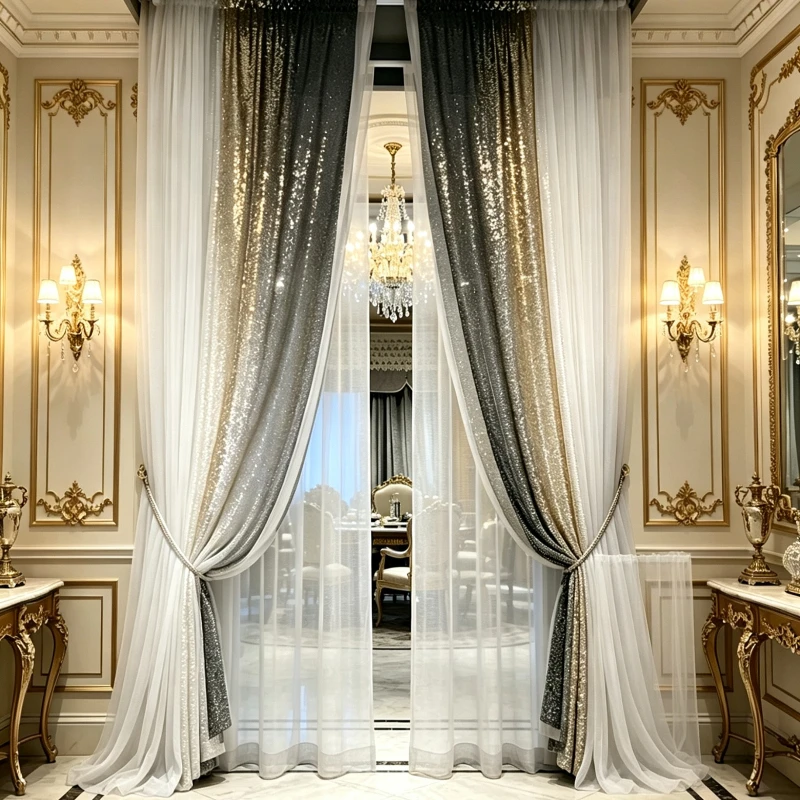 H300cm American Luxury Modern Gradient Sequined Sheer Curtains for Living Dining Room Bedroom White Tulle Window Decor Elegant
