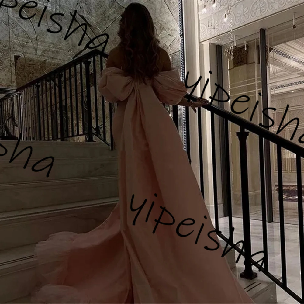 Customized Fashion Pink color Satin A-line Prom Dresses Sweep Train high quality Off the shoulder all age wedding Guest Dresses