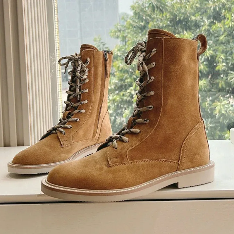

Lace-up Thick Bottom Heighten Short Boots Women Round Toe Cow Suede Retro Ankle Boots Autumn Winter Versatile Motorcycle Boots