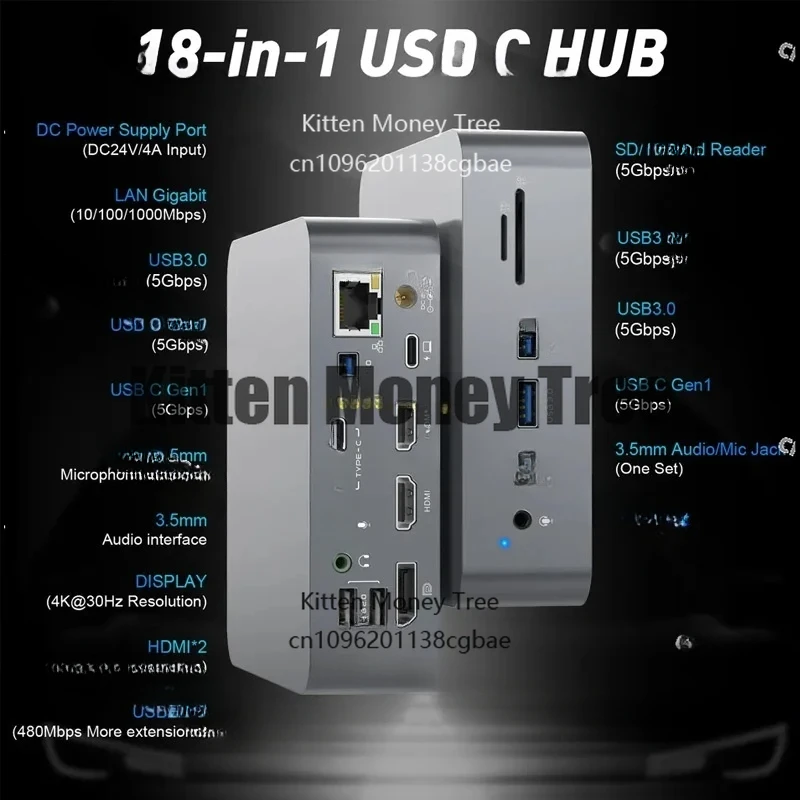 19-In-1 Type-C Docking Station 4k HDMI/DP Video PD Charging USB HUB Supports M1 Processor