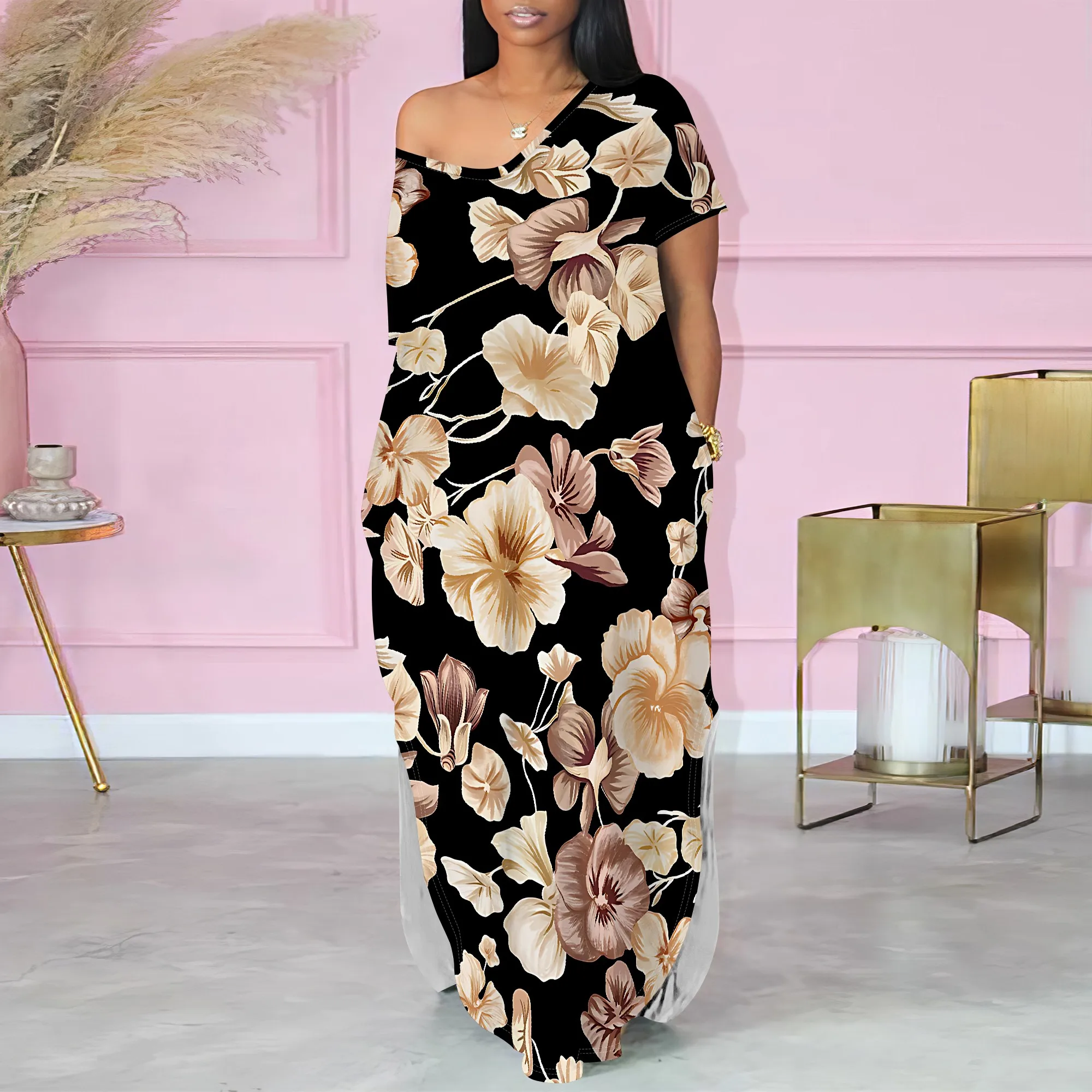 

Women's Summer Fashion Printed Short-Sleeved One-Shoulder V Neck for Women Loose Two-side Slits Casual Maxi Dress With Pocket