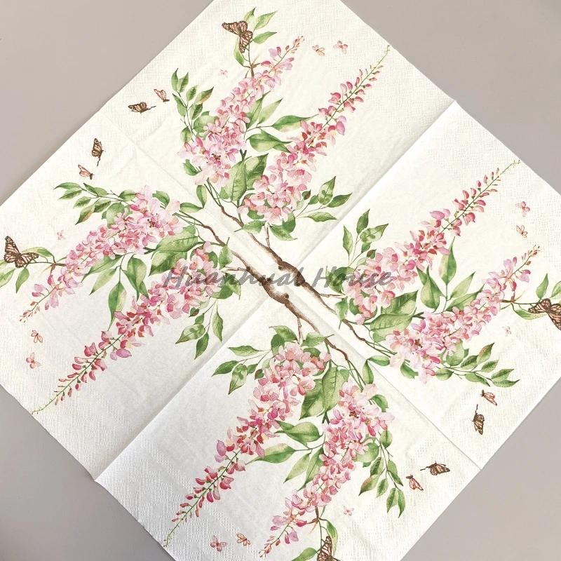 20Pcs/Bag Vintage Pink Flowers Butterfly Decoupage Paper Napkins Floral Paper Serviettes for Xmas Birthday Party Tableware Decor