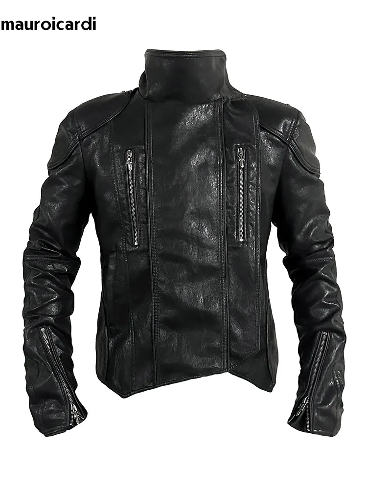 Mauroicardi Spring Black Short Pu Leather Jacket Men with Back Zipper Luxury Brands Original Emo Streetwear Punk Style Clothing