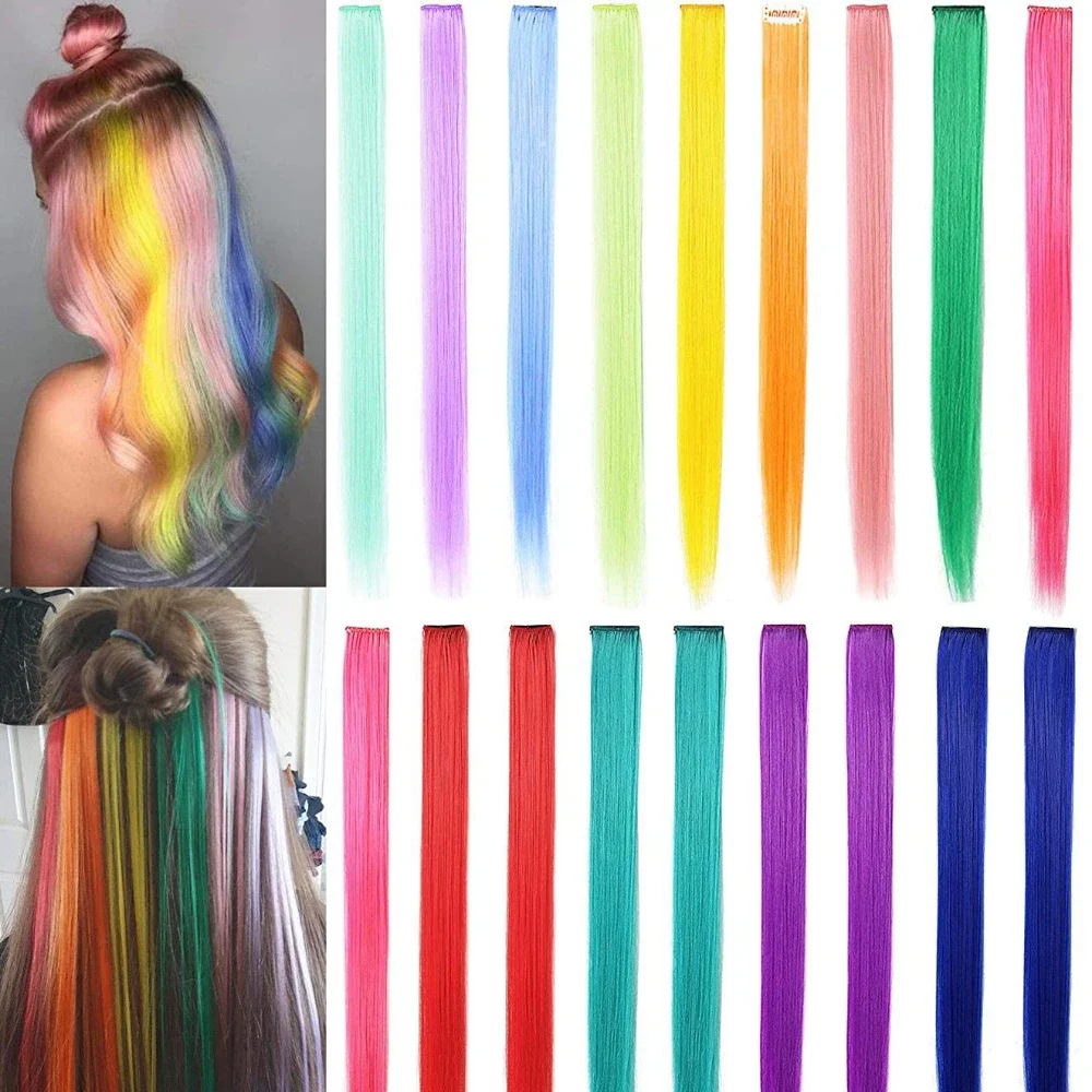 55cm Colorful Synthetic Long Hair Pads Gradient Invisible Seamless Natural Hair Pads One-piece Hanging Ears Hair Dyeing Tools