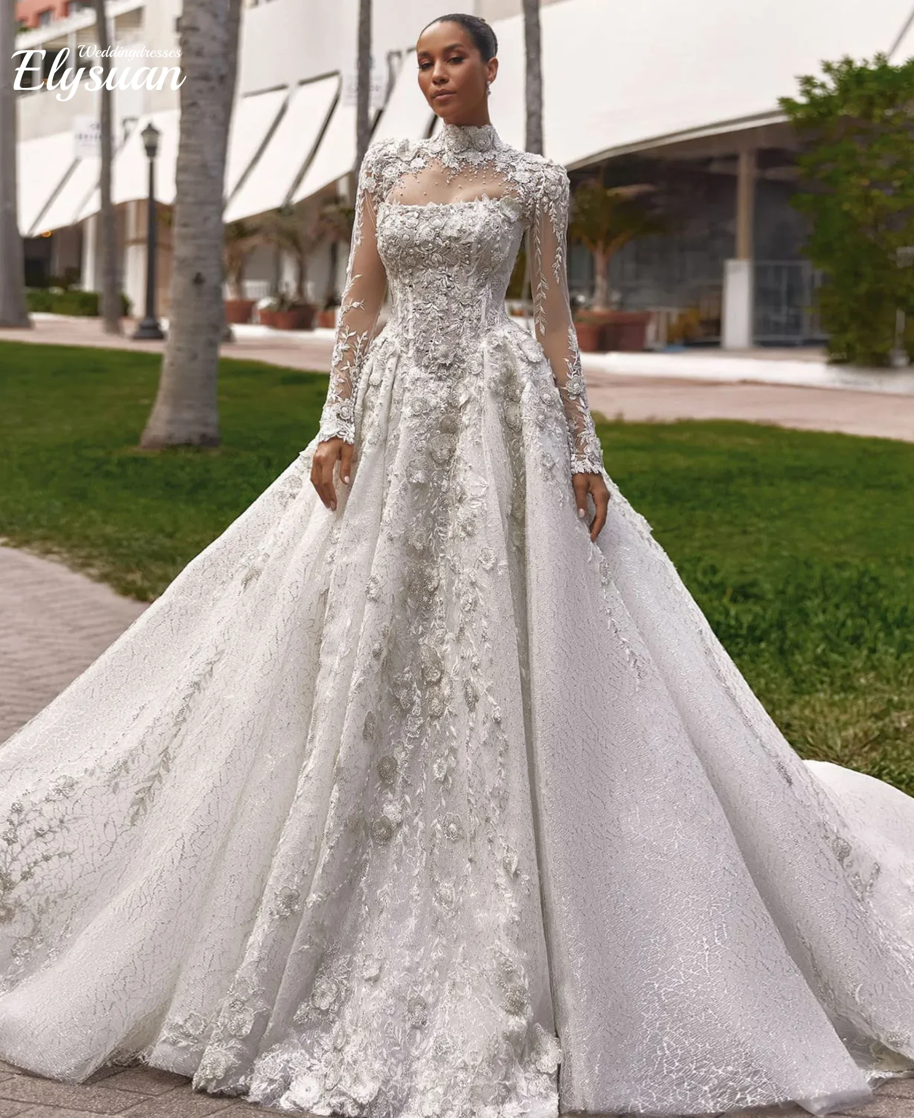 Customized High Neck Long Sleeve Beads Pearls Flowers Appliques Lace A-Line Bridal Wedding Dress Vestidos De Novia