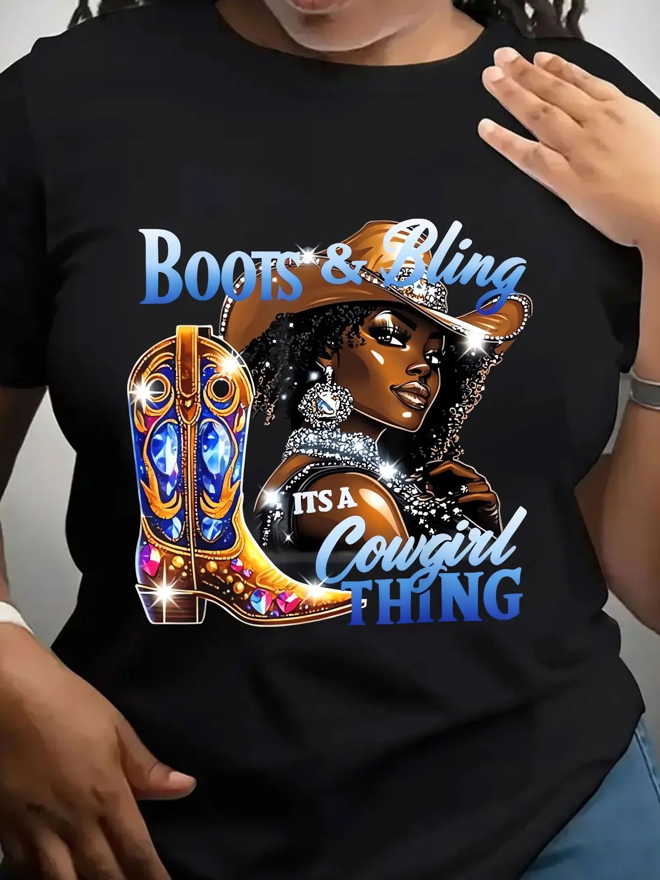 Women's Trendy Crew Neck T-Shirt Boots and Bling Cowgirl Thing Suitable for Casual Sportswear