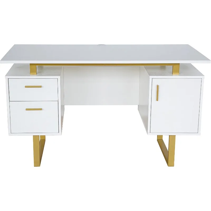 Storage Drawers and Cabinet 51.25” W-Modern Office Large Floating Desktop Surface Desk, 23.6" D x 51.2" W x 29.8" H, White/Gold