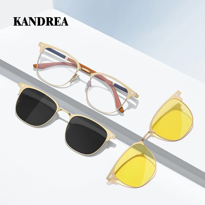 

KANDREA Square Men's Aluminum Magnesium Sunglasses 3 IN 1 Polarized Magnetic Night vision Eyewear Myopia Glasses Frame 7045