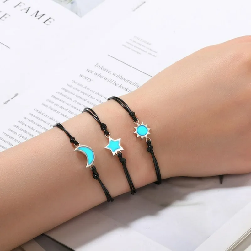 2Pcs Adjustable Luminous Sun Moon Bracelet Couple Handmade Weaving Hand Rope Set Friendship Pendant Eternal Valentine's Day Gift