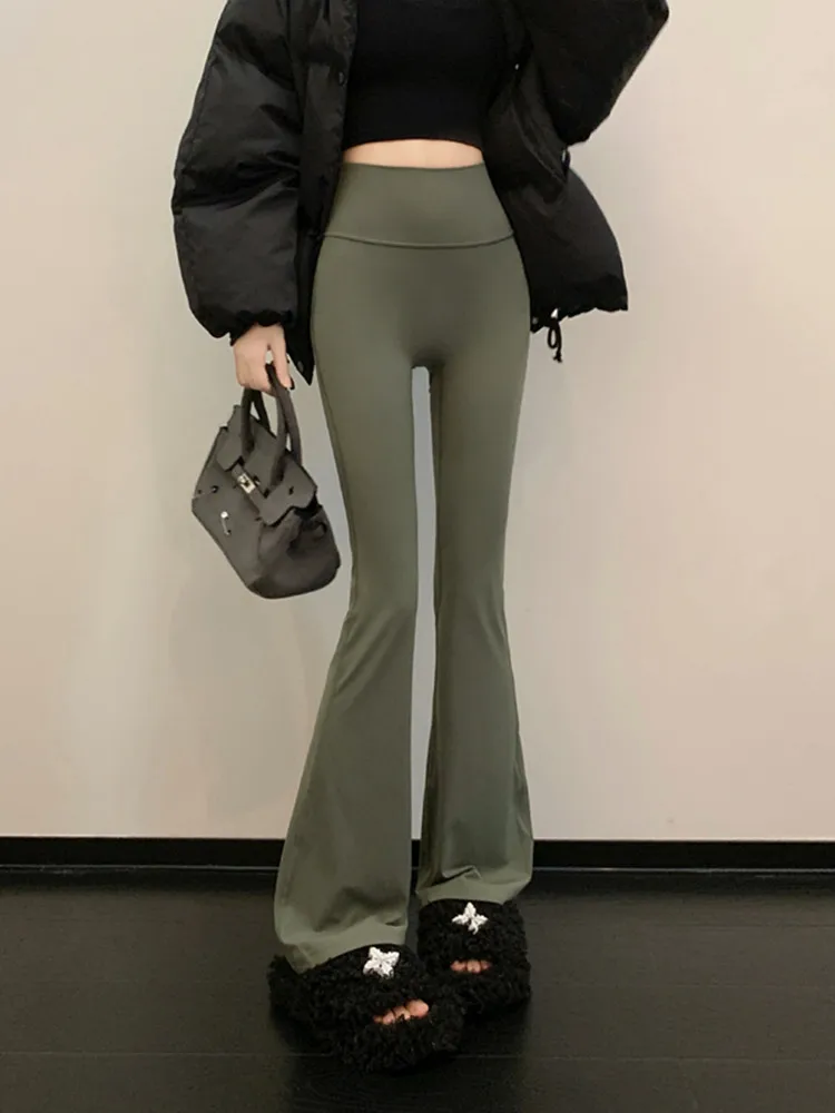 Girls' Khaki High Waist Casual Pants For Women's Autumn Stretch Slim Fit Straight Micro Flap Pants Sports Drop Wide Leg Pants