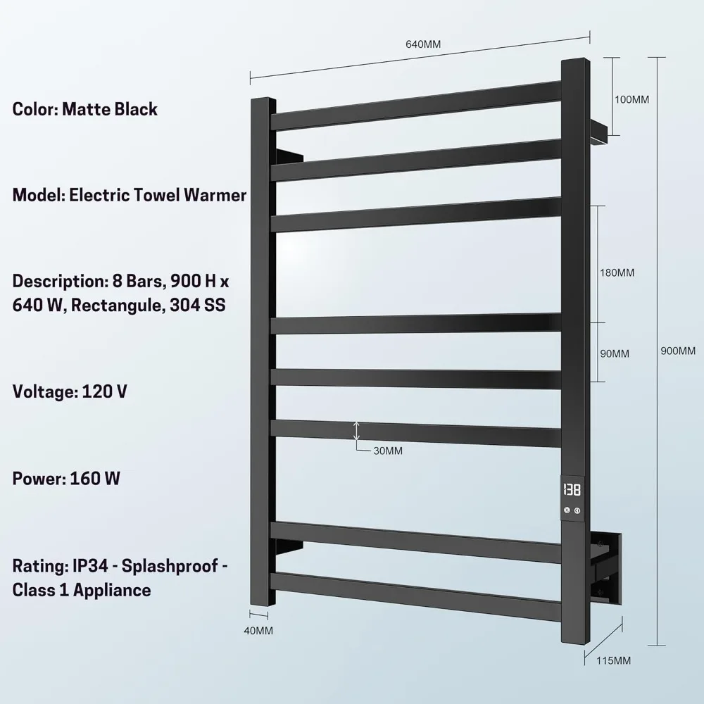 8-Bar Towel Warmer with Fast Heating, Auto Shut-Off Timer, Black Finish - Hardwired or Plug-in Options - Ideal for Hot Towels