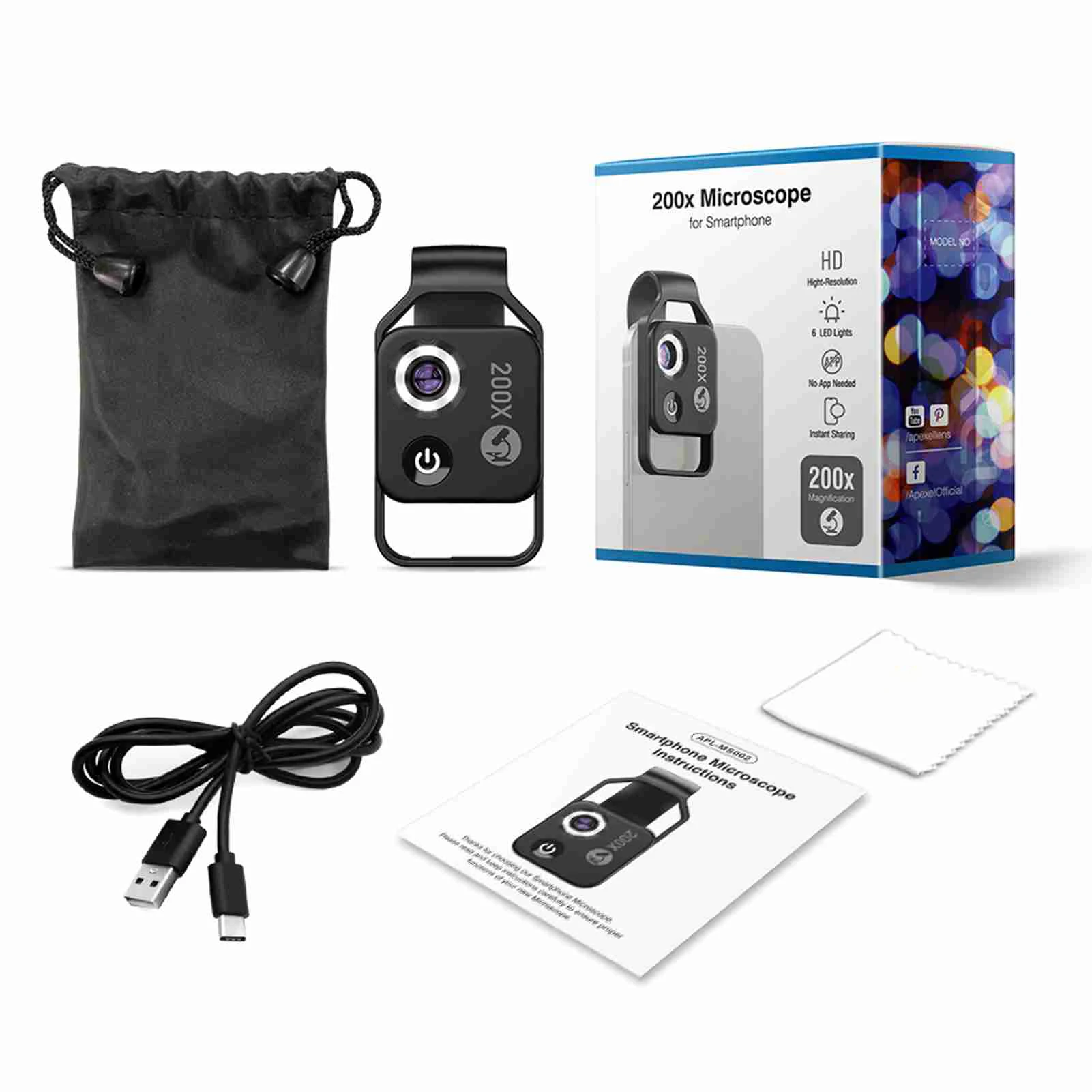 APEXEL MS002 200X Professional Phone Microscope Lens with Phone Clip for Plant Insect Hair Observation Jewelry Jade Appraisal