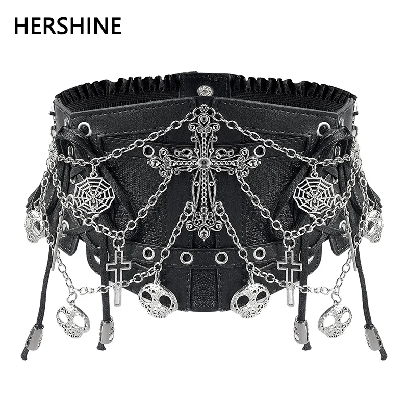 

HERSHINE женский черный сексуальный эластичный широкий пояс Y2K с аксессуарами на крестообразной цепочке, ювелирные изделия в готическом стиле панк, весна, лето