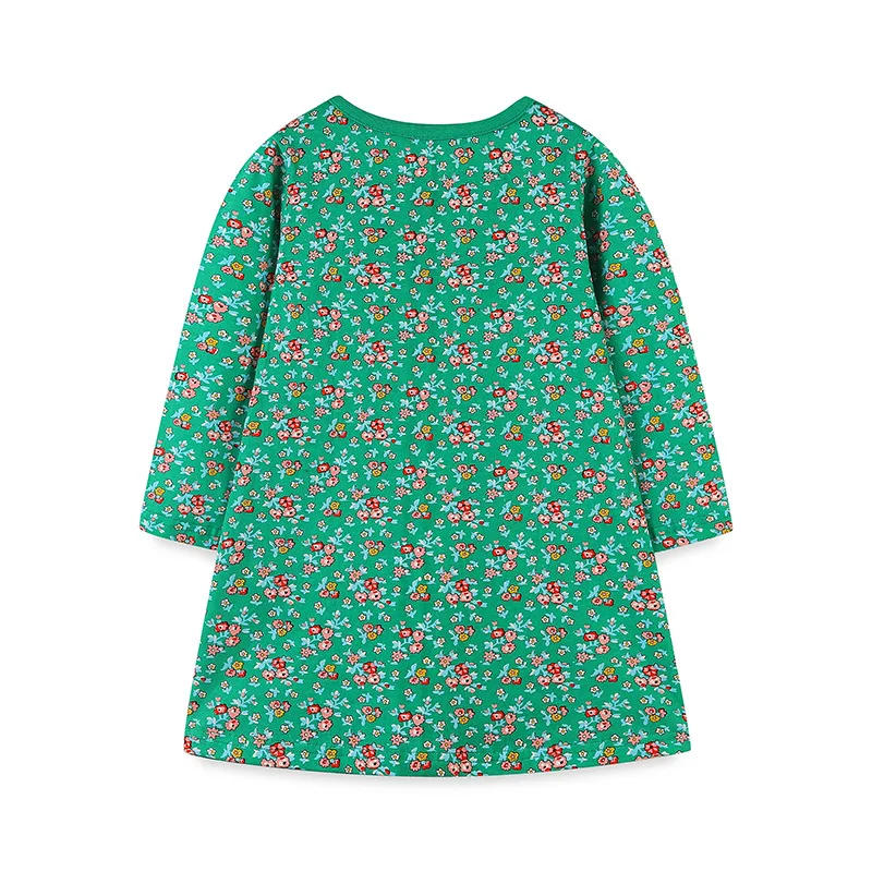 Little maven 2024 Baby Girls Green Cartoon Animals Birds Flowers Long Sleeves Dress Cotton Autumn Casual Clothes for Kids
