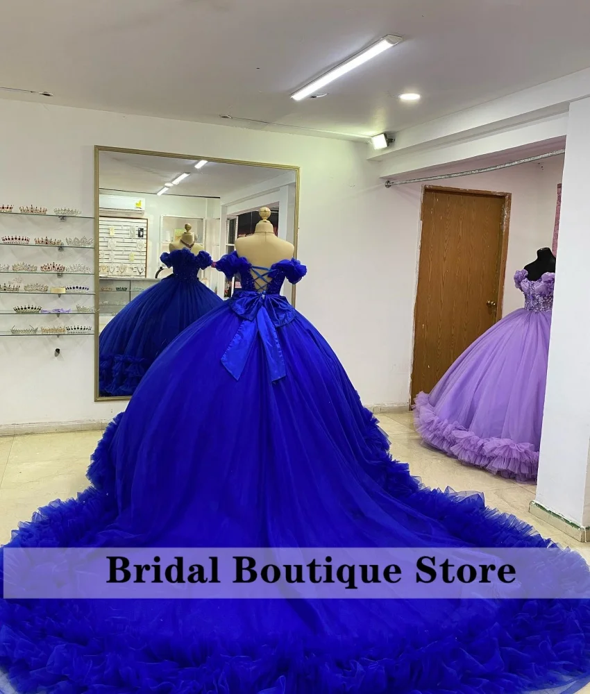 Magnificent Royal Blue Quinceanera Dress Ball Gown 2024 Bead Diamonds Sweet 16 Dress Tulle Birthday Party Gown Ruffles With Bow