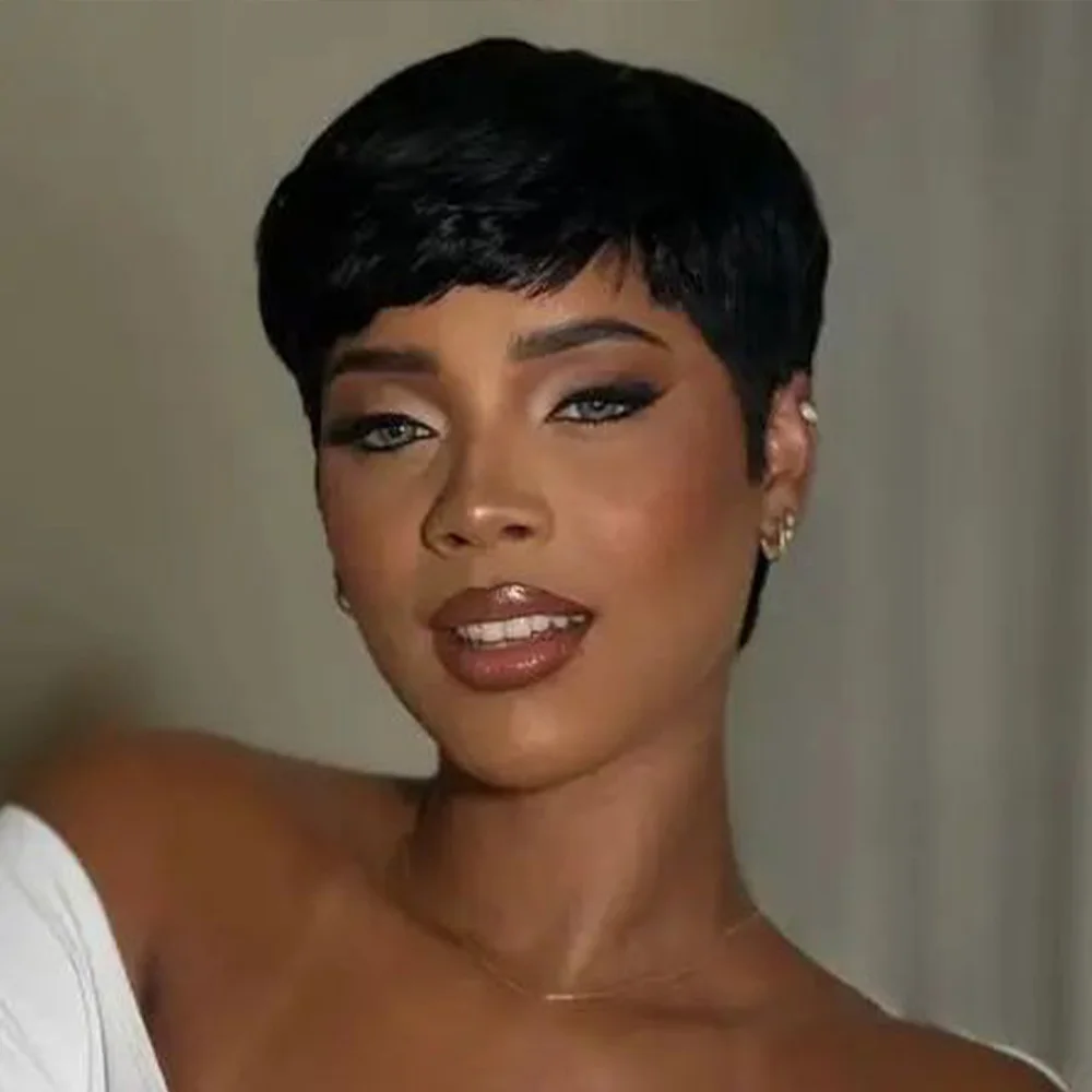 Peruki pixie cut dla czarnoskórych kobiet, krótkie peruki warstwowe, krótkie peruki z ludzkich włosów z grzywką, peruka wykonana w całości maszynowo.