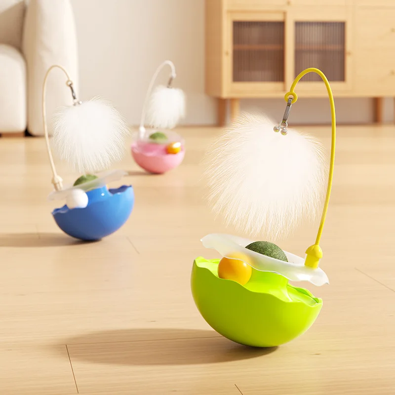 Interactive Cat Tumbler Toy ABS Base with Feather Rolling Ball Pet Toy Reduce Boredom Destructive Behavior Pouch Egg Tumbler Toy