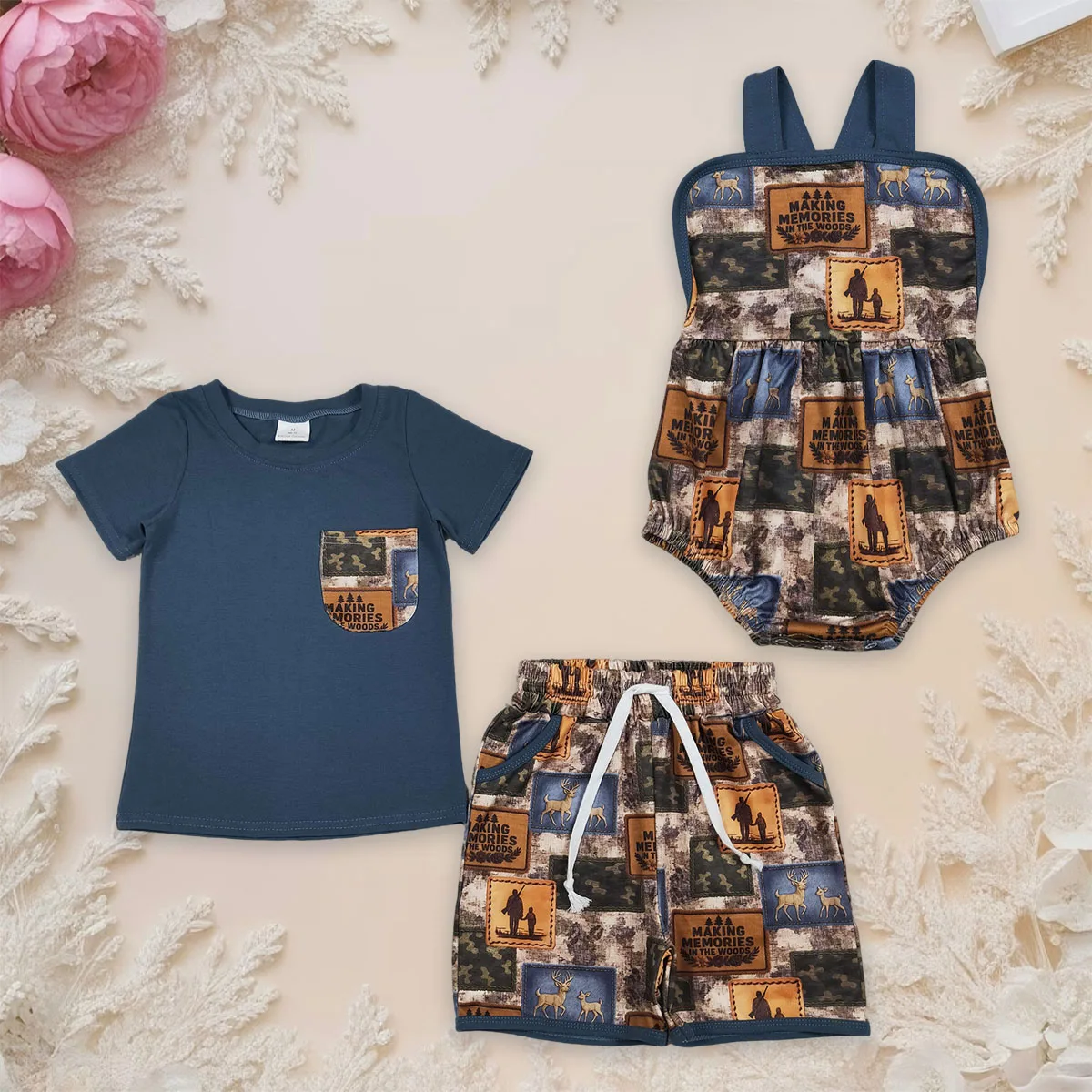 

New Fashion Boy Set Hunting Clothes Short Sleeve Shirt Top Deer Camo Checked Pockets Shorts Sets Baby Romper Match Wholesale