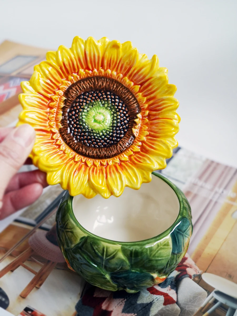 SUNFLOWER Ceramic Small Tea Jar Exquisite Hand-Painted Home Small Decorative Jar American Pastoral