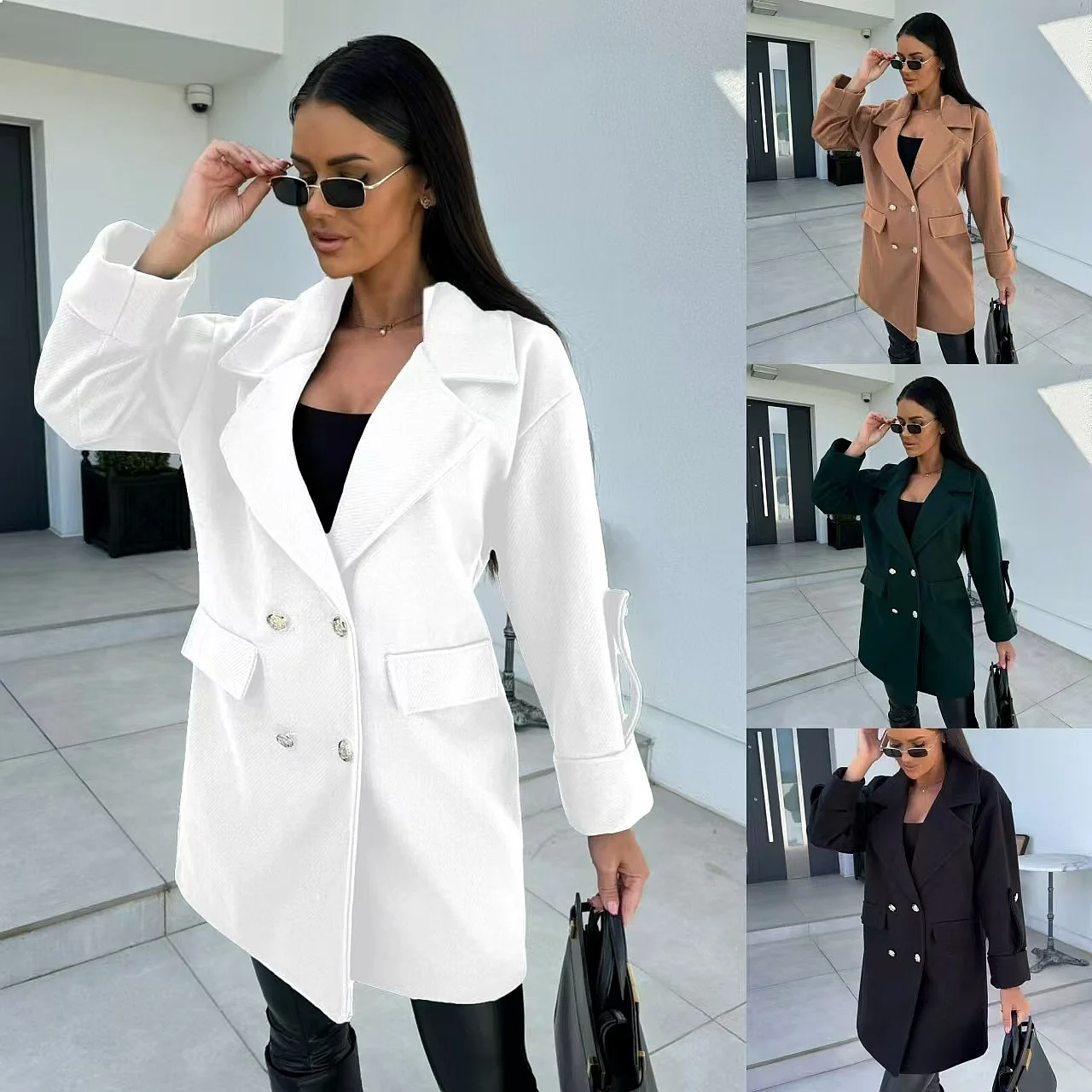 Winterlicher, einfarbiger, zweireihiger Wollmantel für Damen – Lässige Oberbekleidung für Frühling und Sommer