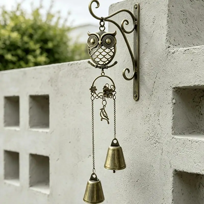 Forest-style Metal Owl Double Bell Wind Chime Entryway Door Decoration Christmas And Thanksgiving Gift