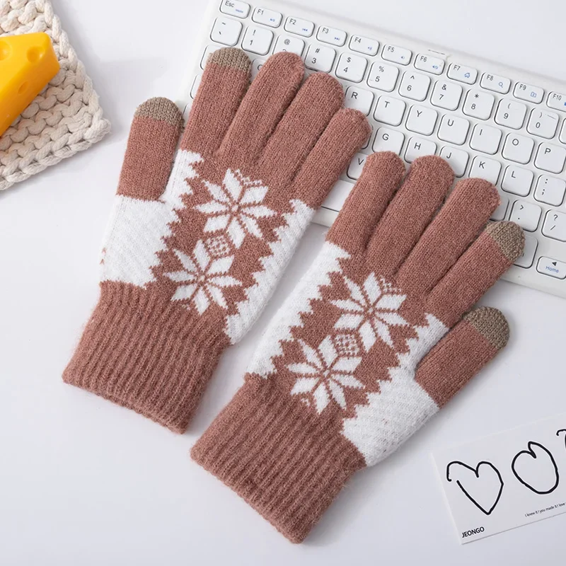 

Winter Women Embroidered Snowflake Knit Gloves Cold Weather Hand Warmers Soft Thermal Female Knitted Mittens Touchscreen Gloves