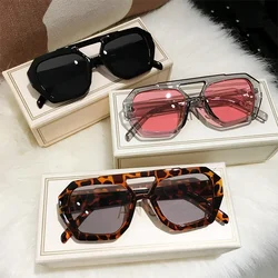 Retro Tortoiseshell Pilot Sunglasses Women Brand Designer Oversized Shades Eyewear Double Bridge Rectangle Men Sun Glassses