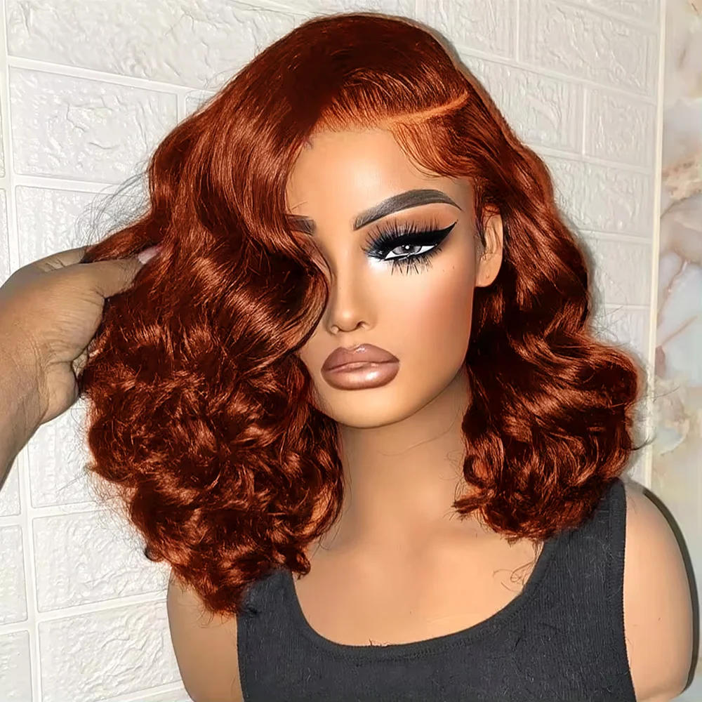 Reddish Brown Body Wave Short Bob Wig 13x4 Transparent Lace Frontal Wig Brazilian Human Hair Wigs 180% Density Virgin Remy Hair