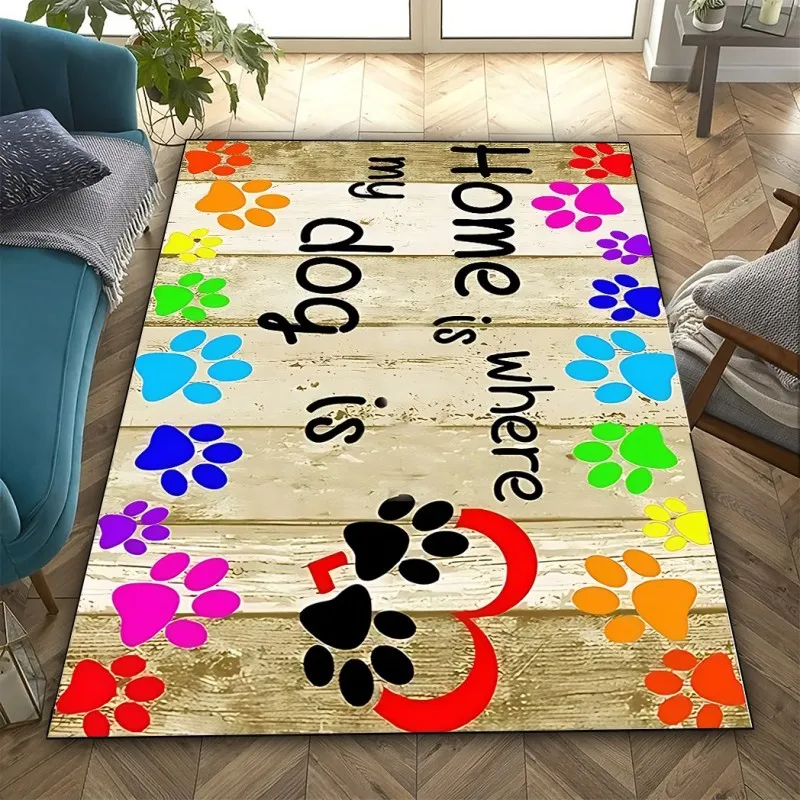 Dog Quote Rug Wood Plank Rainbow Paw Printed Home Carpet Soft Non-Slip Flannel Floor Mat Pet Lover Decor