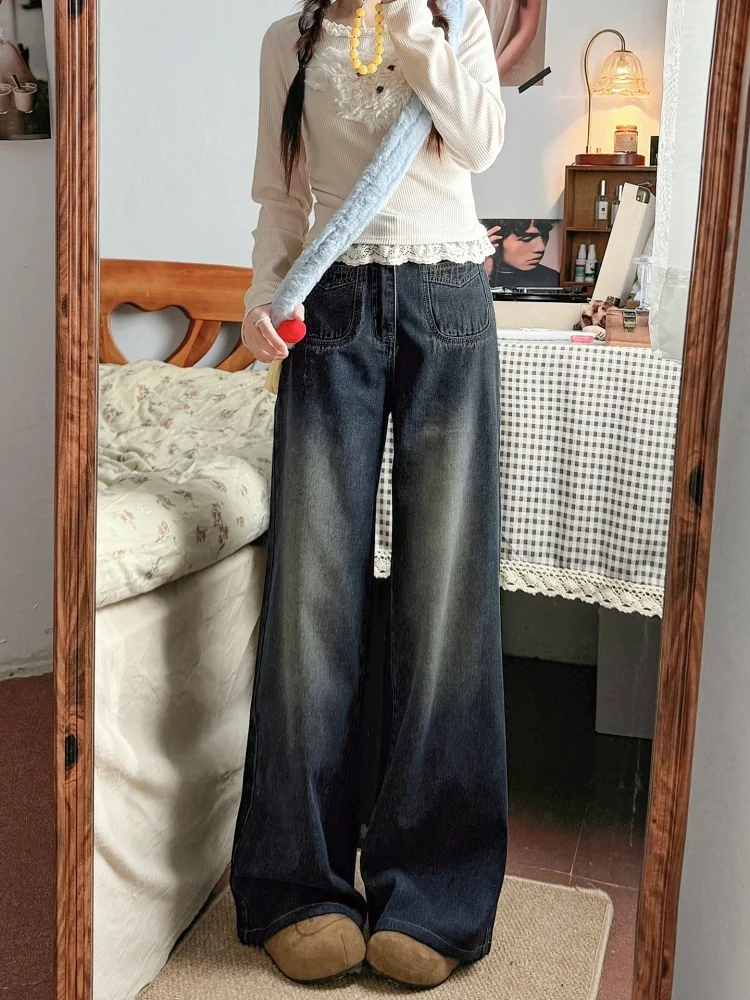 Vaqueros de pierna ancha con forro de Fce de cintura alta, pantalones vaqueros con corte en A para mujer, pantalones vaqueros de talla grande para otoño e invierno, adelgazantes para cuerpo de pera