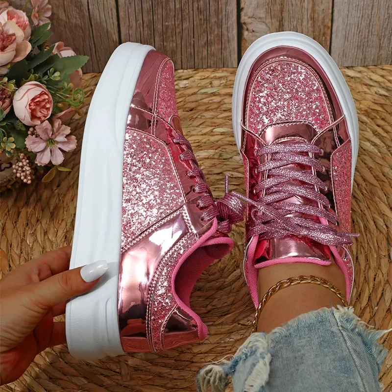 STRONGSHEN Women Sneakers Shining Glitter Casual Fashion Platform Trainers Couple Silver Walk Shoes Tenis Feminino Shoes Unisex