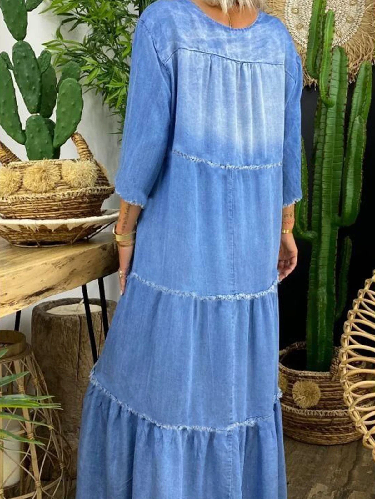 Denim Long Dress Women Summer Loose V Neck Half Sleeve Denim Big Swing Dresses Lady Fashion Casual Stitching Jeans Dress 2025