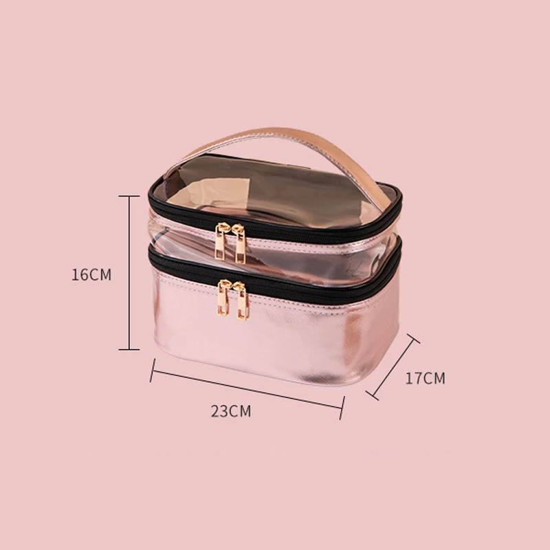 Transparent Double-Layer Cosmetic Makeup Bag Portable Handheld Waterproof Toiletry bag Makeup Organizer Travel Storage Bag
