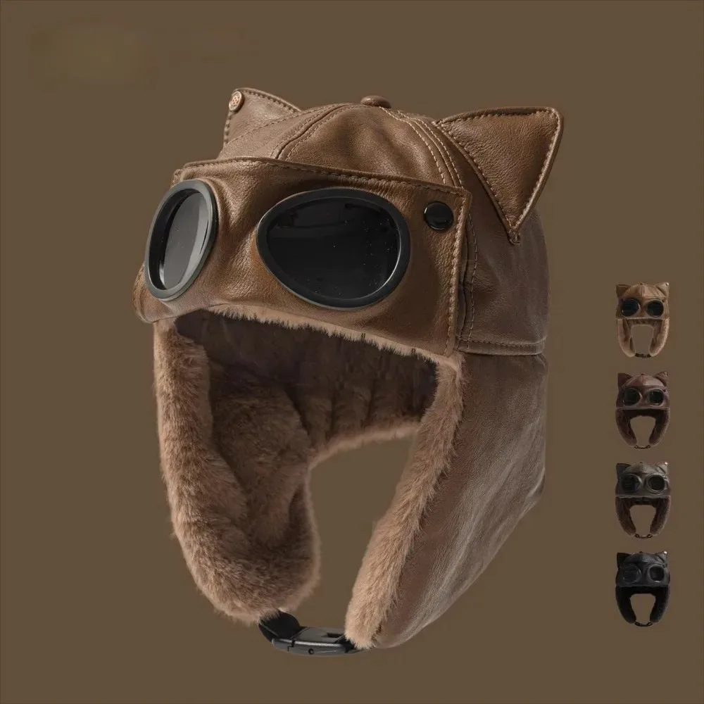 Vintage Men's Aviator Hat PU Leather Padded Fur Women's Aviator Hat Windproof Velvet Lined Winter Ear Protection Riding Hat