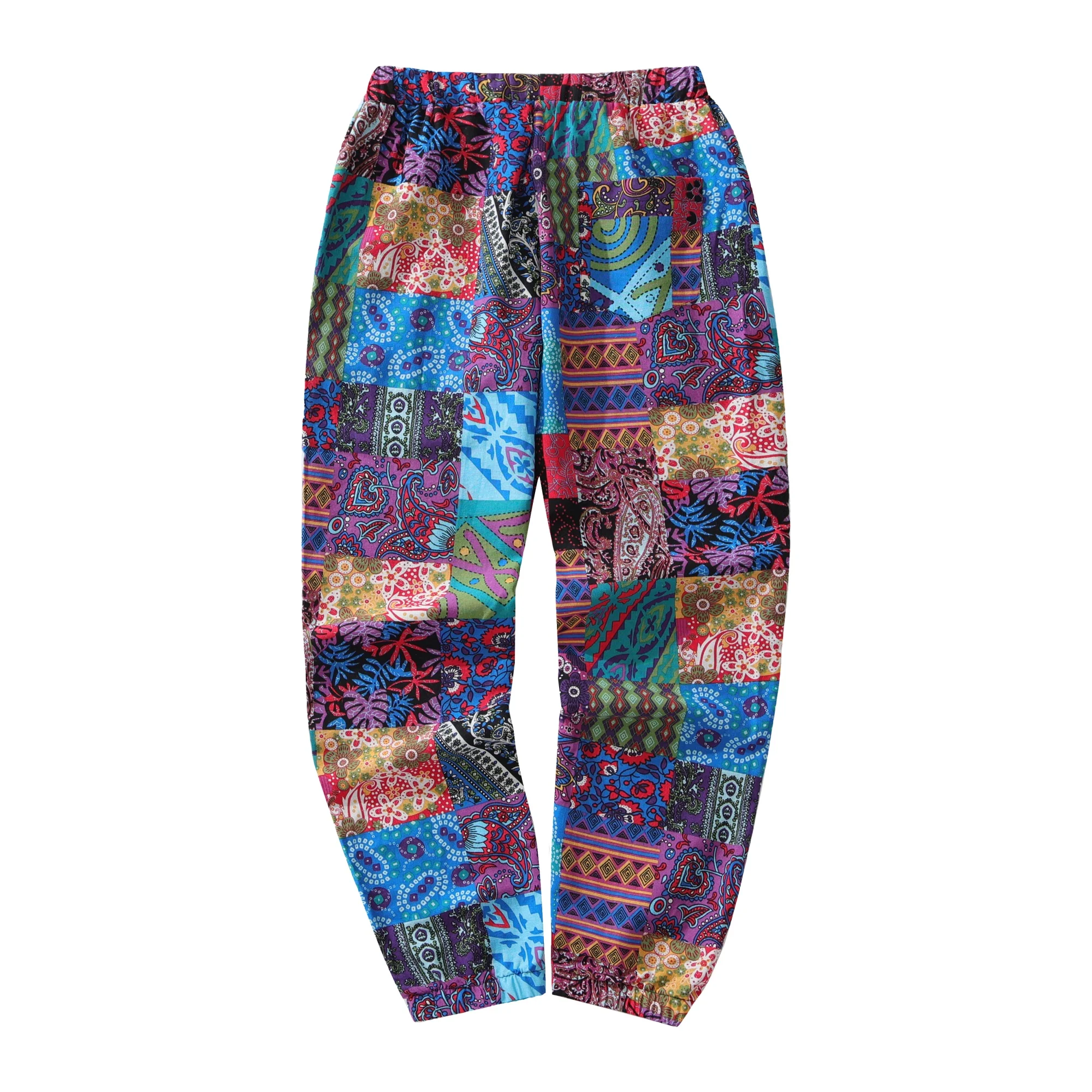 Euro Size Men's Casual Cotton-Linen Pants Paisley Ethnic Print Mid-Waist Drawstring Closure Spring/Fall Casual Pants