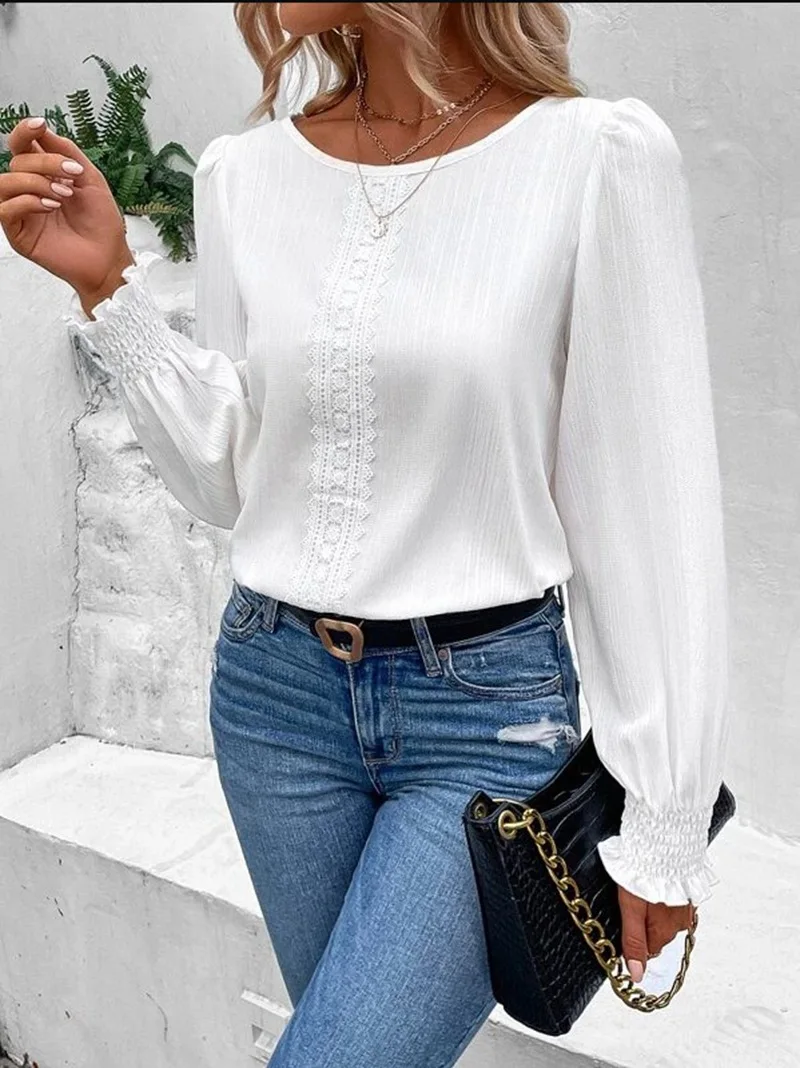 Elegant Women\'s Long Sleeved Shirt Spring/Summer 2023 Round Neck  Casual Solid Color Blouse Office Lady Clothing S-2XL