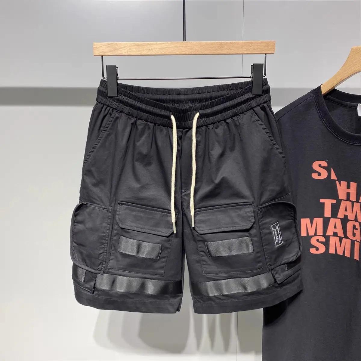 

Мужские шорты-карго черного цвета с карманами, свободные мужские шорты с эластичной резинкой на талии, хлопковая одежда, новинка в элегантном летом Y2k