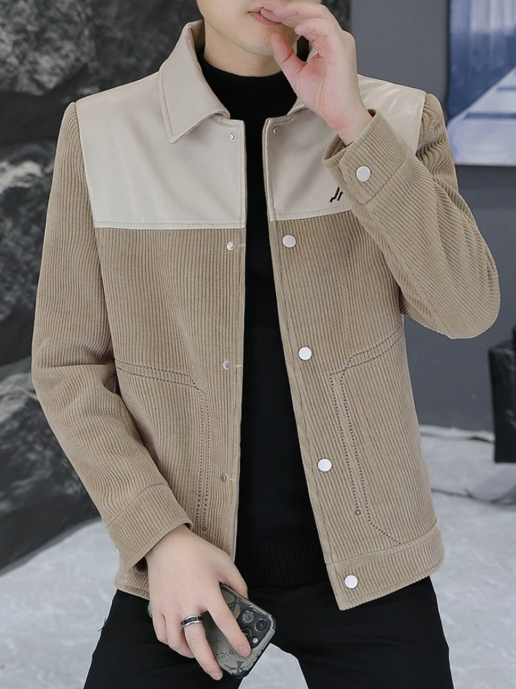 

Korean Corduroy Splicing Jacket for Men 2025 Autumn Lapel Casual Business Outwear Coats Social Streetwear Jackets Men Clothing