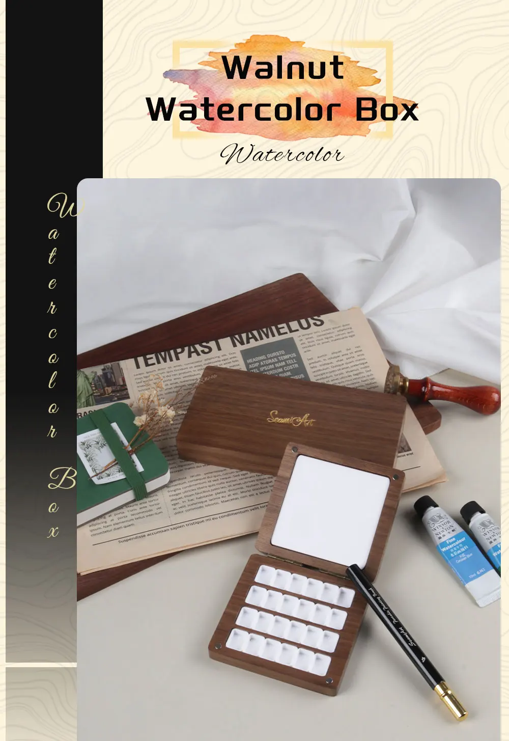 SeamiArt 1 Stück quadratische Malbox aus schwarzem Walnussholz mit Palette, 0,5 ml halbe Pfannen für Aquarell-Unterpaket, Aufbewahrung, Kunstbedarf – Detail 1
