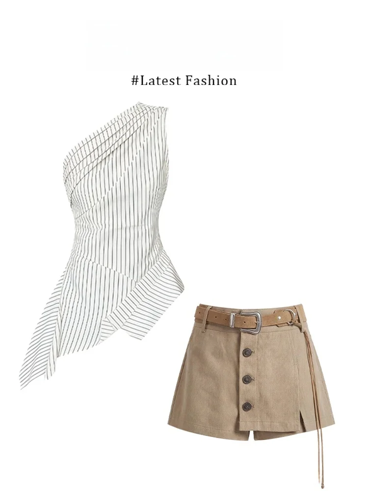 

Korean Style High Waist Slimming Stripe Asymmetrical Shoulder Banded Top And Skirt Pants Set Women's Fashion Casual Wear