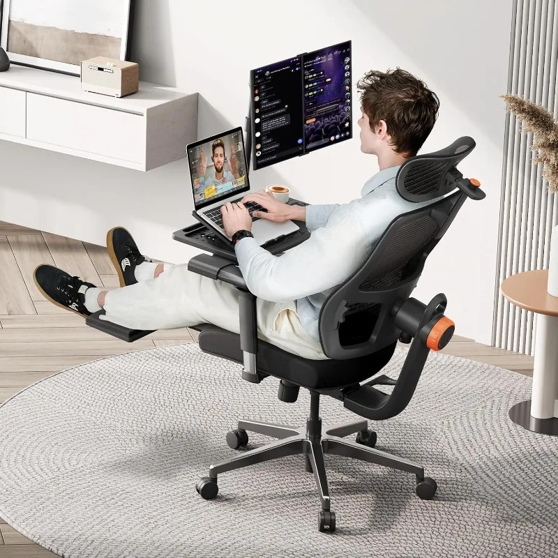 Ergonomiczne krzesło biurowe z podnóżkiem, automatycznym podparciem lędźwiowym, wysokim oparciem i podłokietnikami 4D, 136 °   Blokada pochylenia
