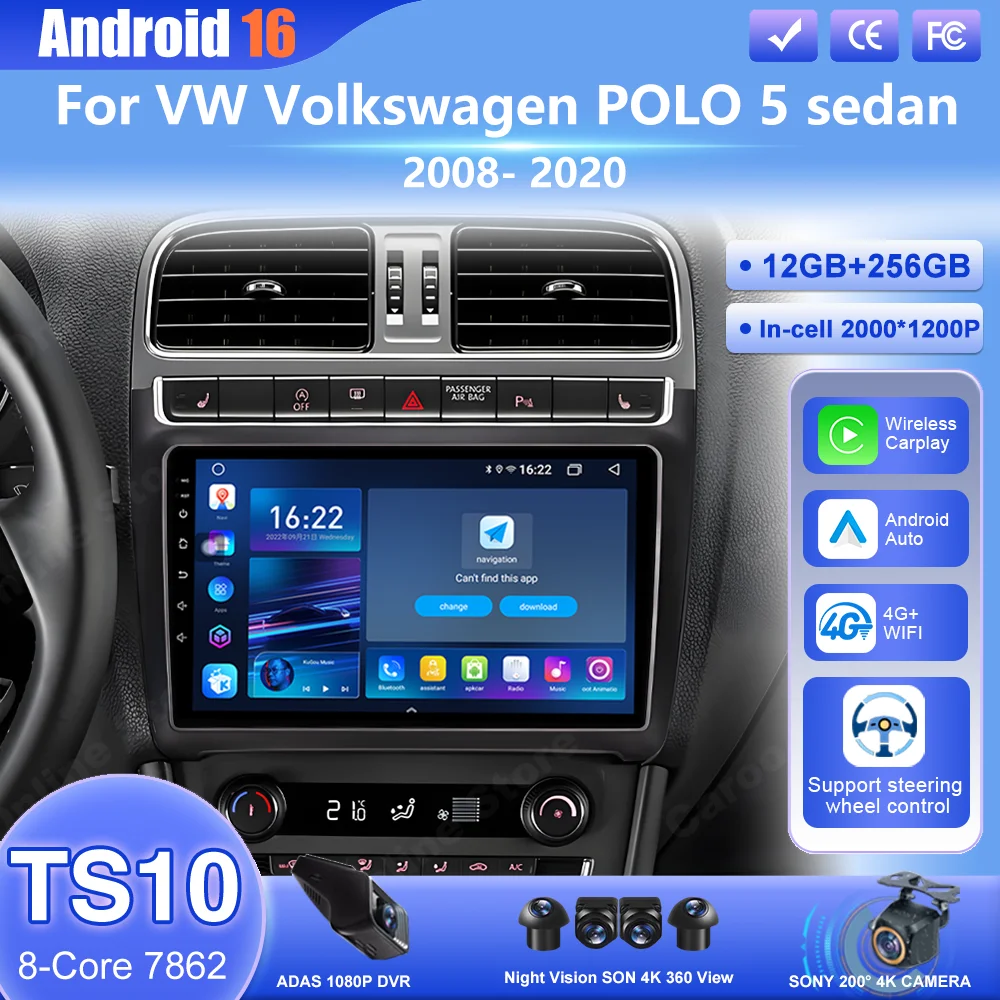 Android 16 Car Radio Stereo For Volkswagen VW polo 5 sedan 2008 - 2020 Auto Wireless Carplay Car Multimedia Video Player 4G+Wifi