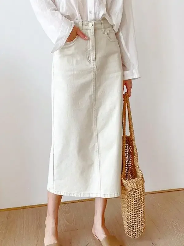New Sle Elegant Mid-Length Back Split Casual Silk High Waist A-Line Mini Skirt Women's Denim Skirts Spring Autumn