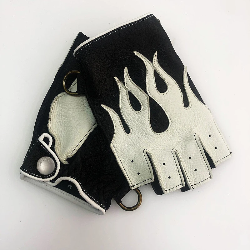 Men's Deerskin Gloves 2023 Spring NEW Locomotive Cycling Retro Thin Mittens Male Half Finger Color Blocking Flame Leather Luvas