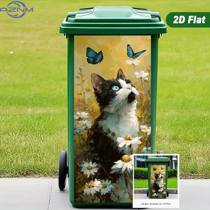 2D Flat Printing 1pc Trash Can Sticker 37×82cm, Cat Playing with Butterfly, Animal Themed Design, Self-Adhesive Wall Decal Wal