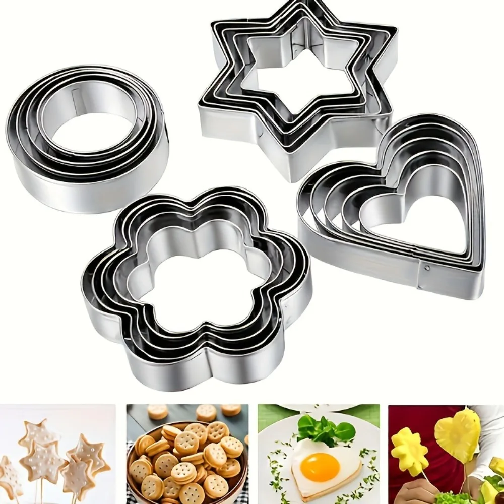 12-Piece Stainless Steel Cookie Cutter Set, Flower Circle Heart Star Shapes for Cakes Sandwiches, Baking Tool