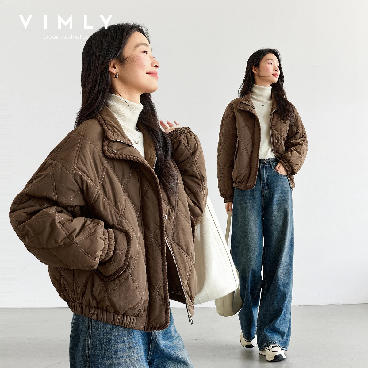 

VIMLY Women's Winter Quilted Padded Jacket 2026 Vintage Long Sleeve Stand Neck Ladies Parkas Short Warm Cotton Female Coat M9378