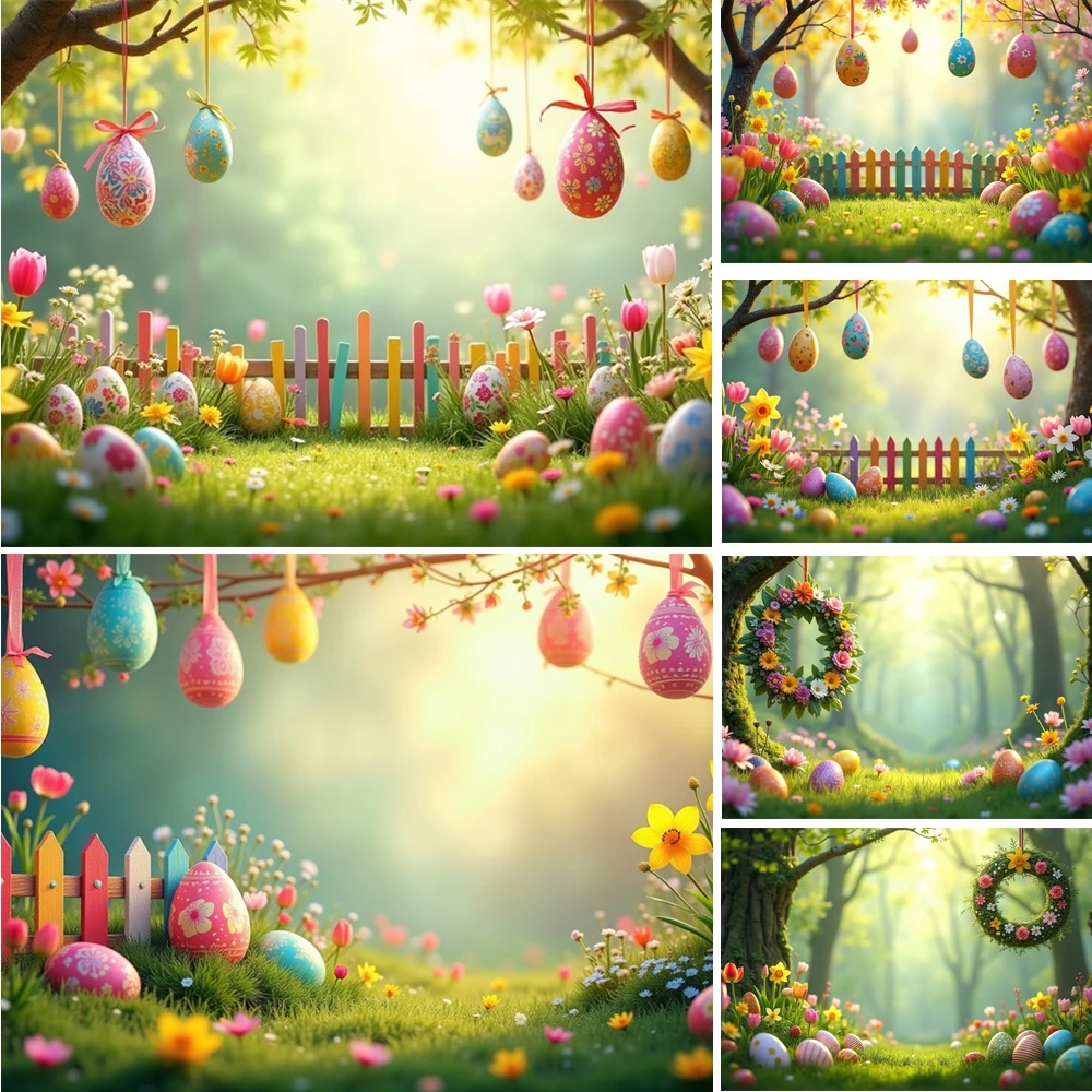 

MOON.QG Cheerful Easter Fence Backdrops For Photography Rainbow Fence Hanging Eggs Green Lawn Background Decoration Studio