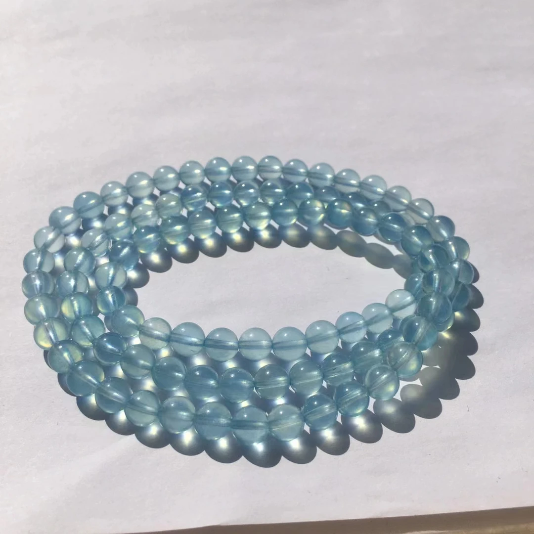 Natural Blue Aquamarine Clear Round Beads Bracelet 5.8mm 3 Laps Women Men Brazil Stretch Blue Aquamarine Jewelry AAAAA